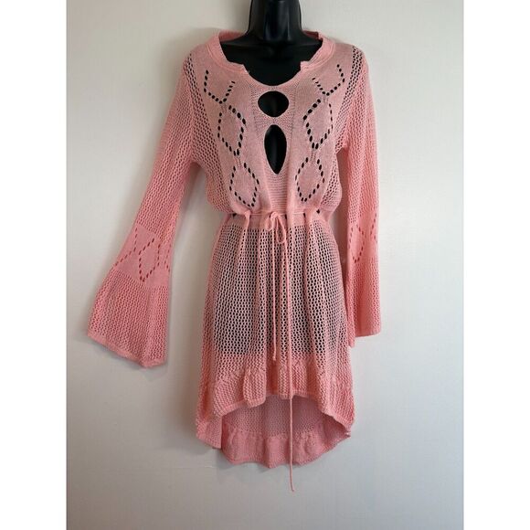 Dresses & Skirts - Vintage Pink Crocheted Dress Bell Sleeves Drawstring Waist One Size